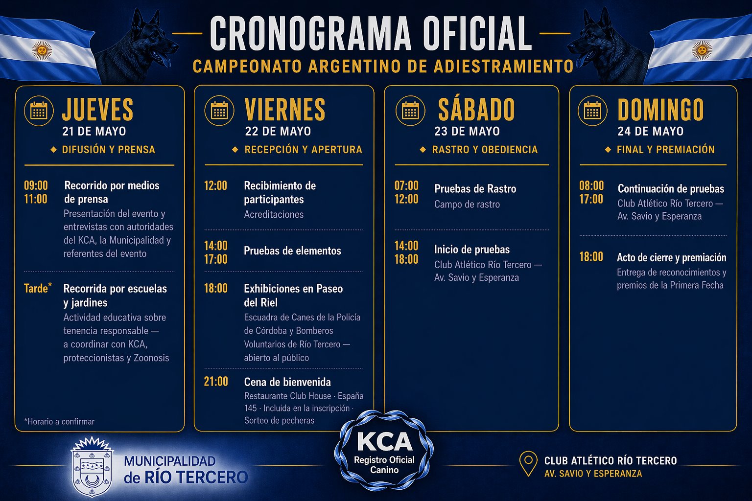 Cronograma Oficial — Campeonato Argentino de Adiestramiento IGP · Jueves 21 al Domingo 24 de Mayo de 2026